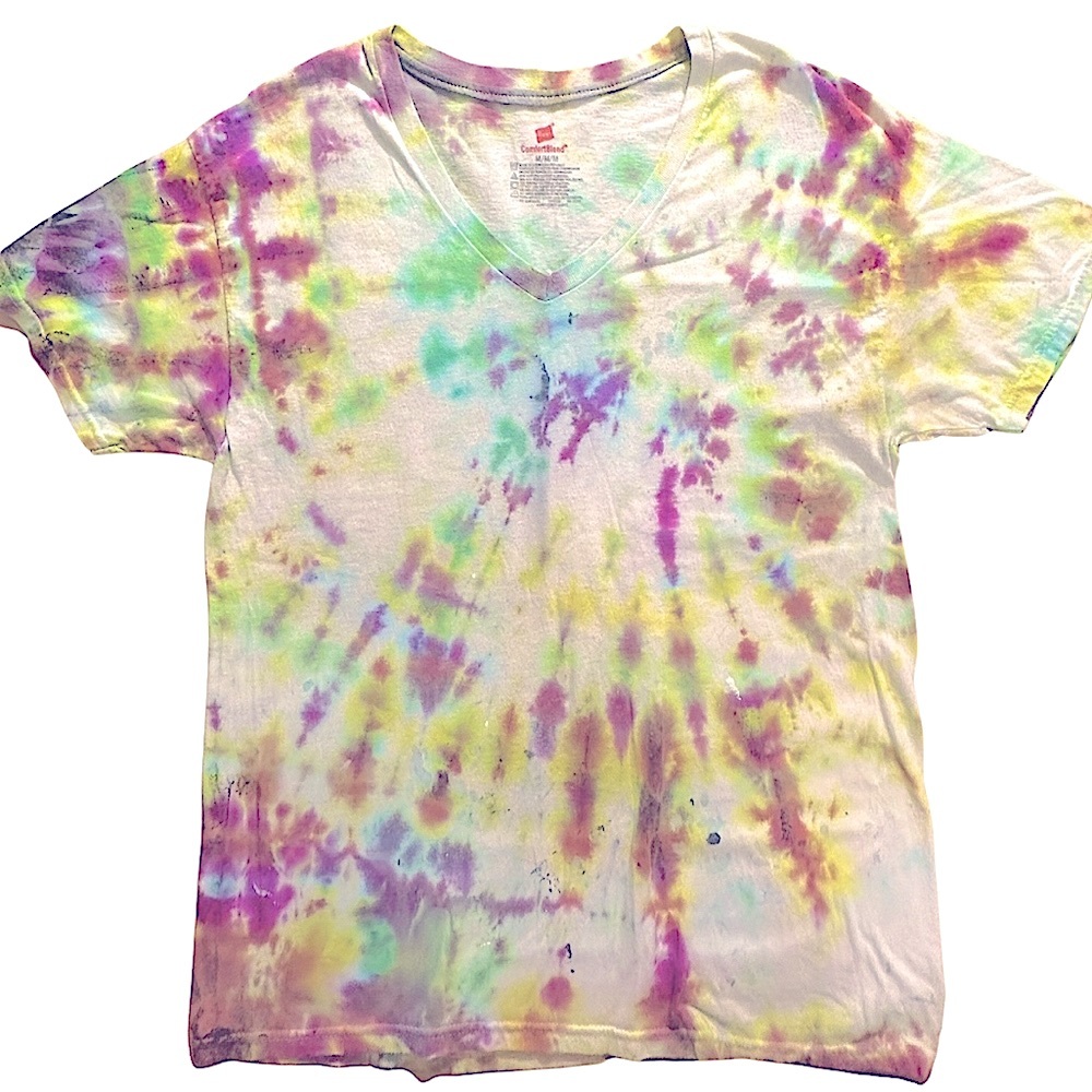 Handcrafted Tie Dye T Shirt Short Sleeves Purple Green Yellow Women’s Size M